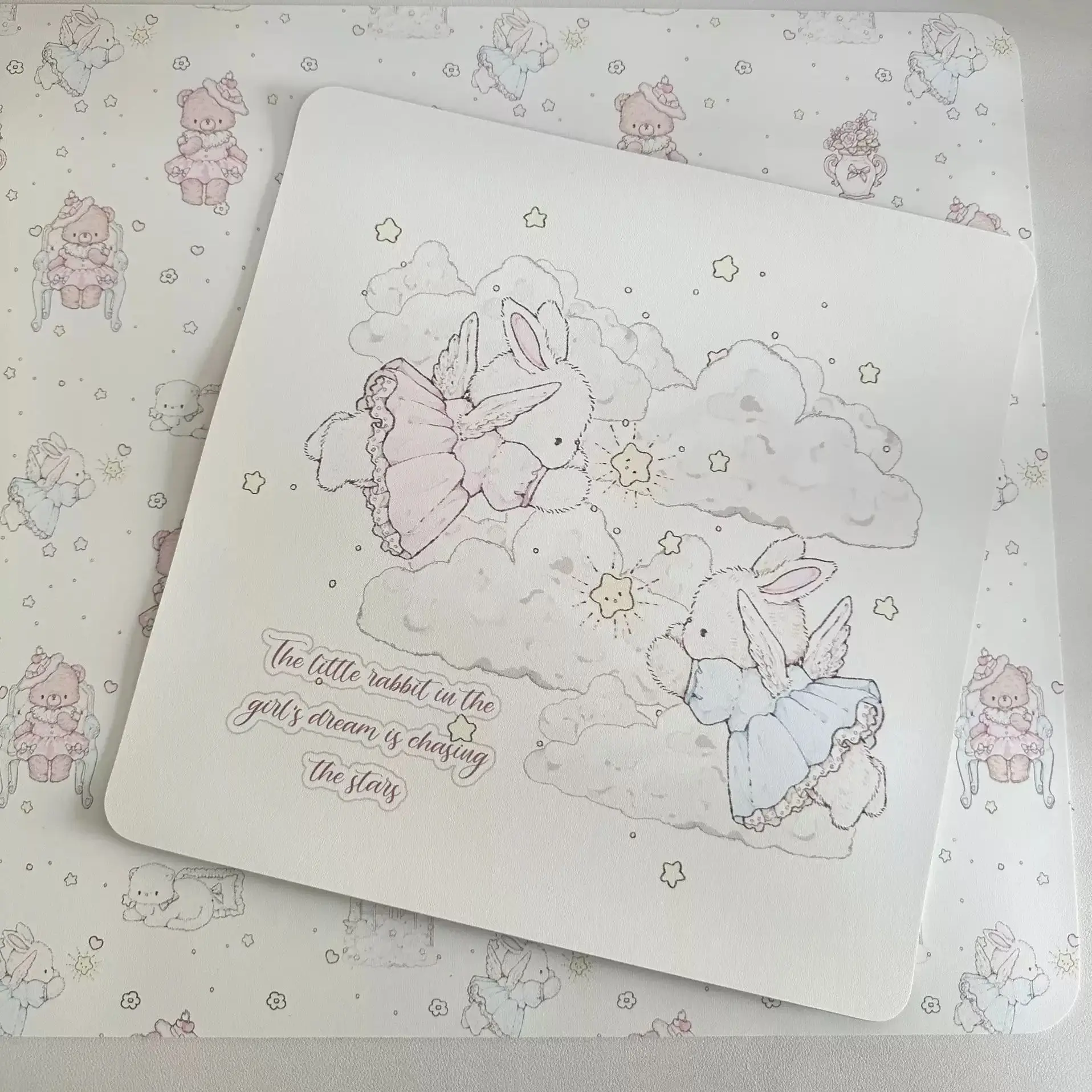 Original Angel Bunny Leather Desk Mat Pink Cartoon Waterproof Mouse Pad with Non-Slip Base, Cute Study & Office Decor for Girls