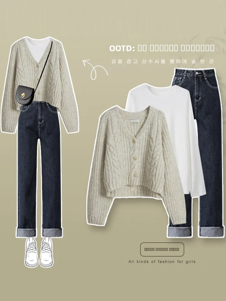 

Осенне-зимний вязаный свитер и джинсы, женский модный модный костюм-футболка Faion Street Sle с эффектом похудения