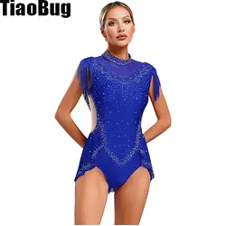 Womens Jazz Dance Leotard Skirted Sparkling Rhinestones Mock Neck Sleeveless Sheer Mesh Patchwork Tassel Bodysuit