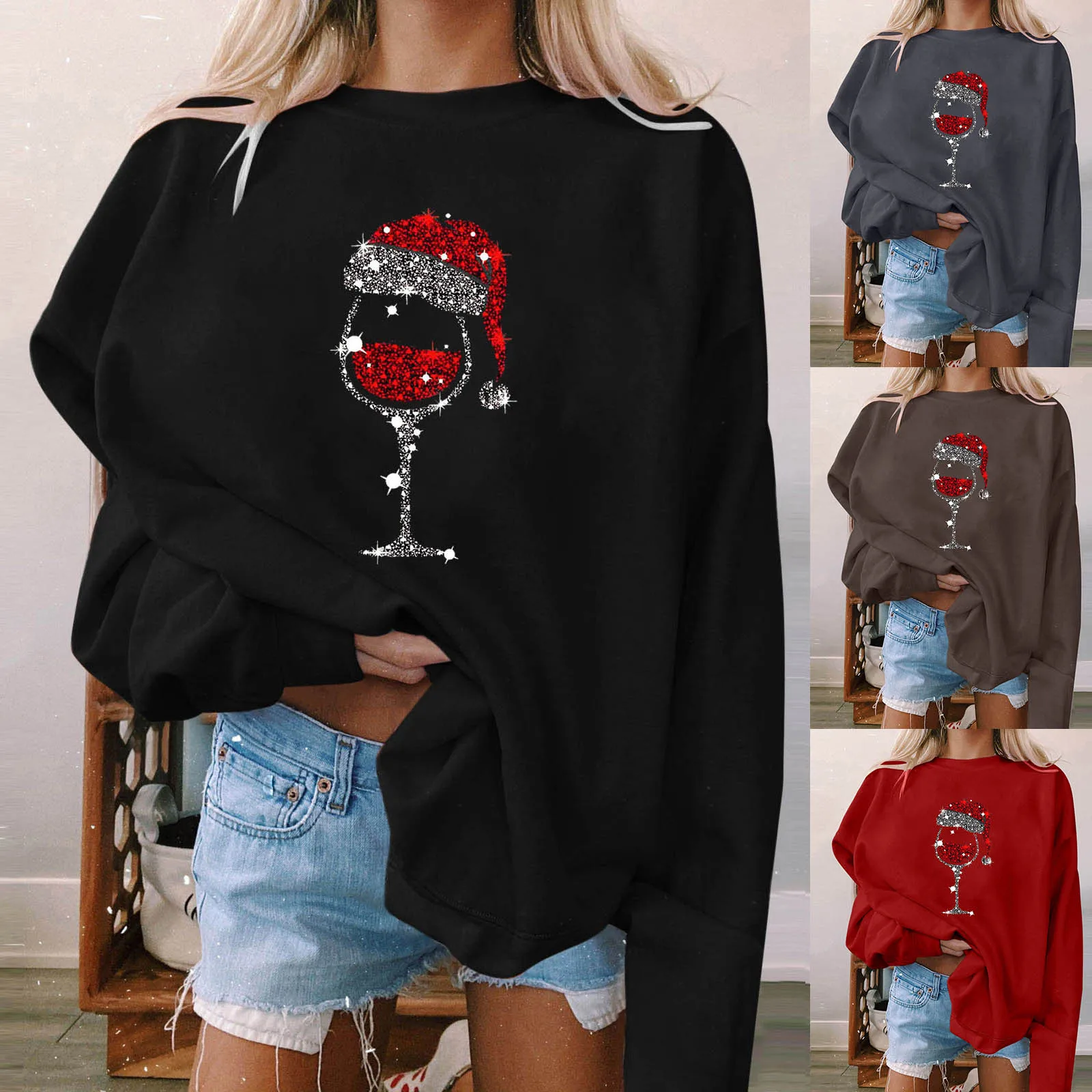 

Chirstmas T-shirt Autumn Winter Long Sleeve Round Neck Korean Popular Cothes Fashion Xmas Red Hat Wine Cup Print Tops Ropa Mujer