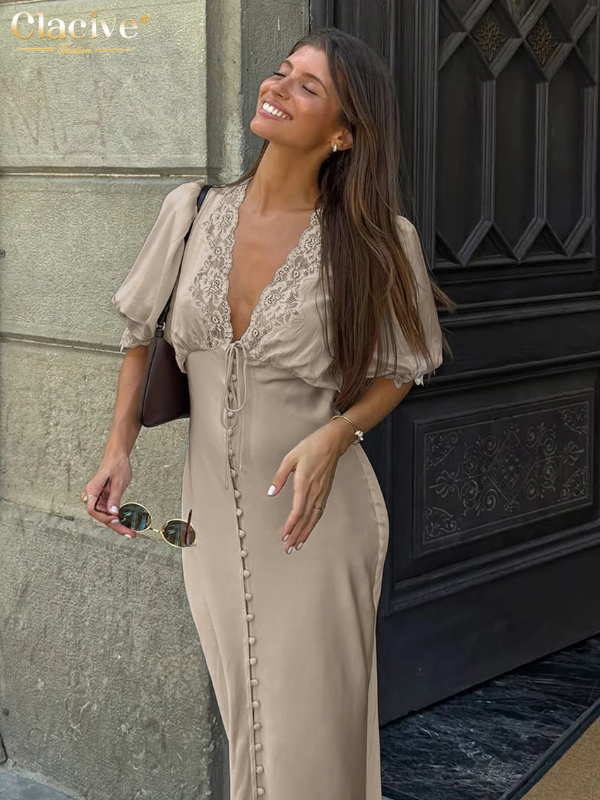 Clacive Vestido holgado de satén caqui para mujer, vestido sexy con cuello en V, manga corta, largo hasta el tobillo, vestidos de fiesta clásicos elegantes con cordones