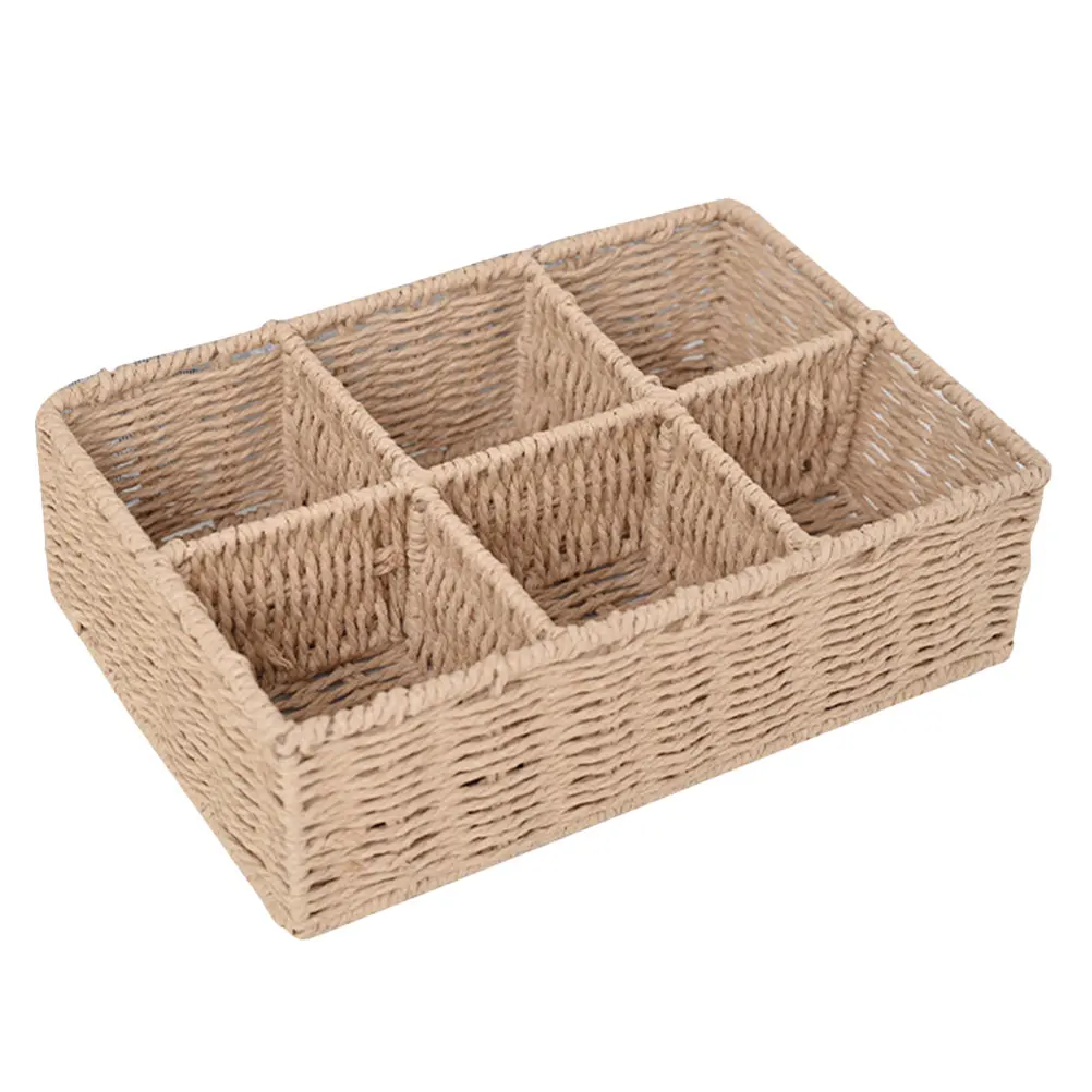 

Wicker Storage Baskets Rectangular Vintage Decorative Compartments Paper Rope Khaki Six Grid Organizer Basket Desktop Holder