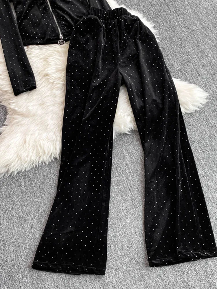 Fashion suit velvet hooded zipper cardigan jacket with high waist heavy industry diamond casual straight leg mop pants