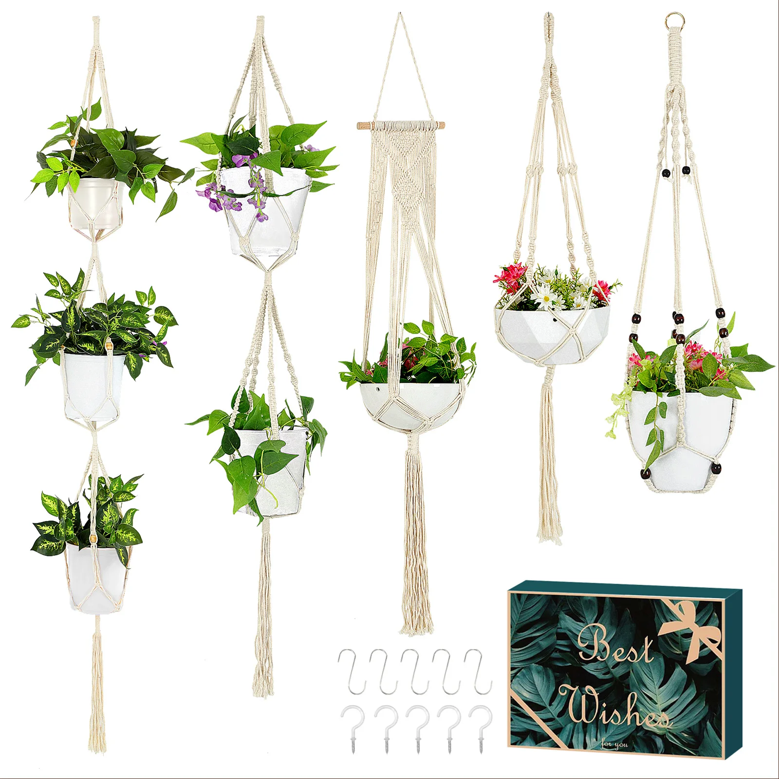 5 Packs Macrame Plant Hangers with 5 Hooks, Different Ties Handmade Cotton Rope Boho Hanging Planters Set Flower Pots Holder