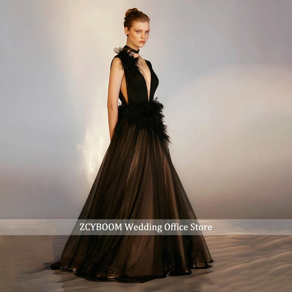 Sexy Deep V-Neck 3D Flowers Feathers Black Evening Dresses 2025 A-Line Sleeveless Floor Length Formal Occasion Party Prom Gowns