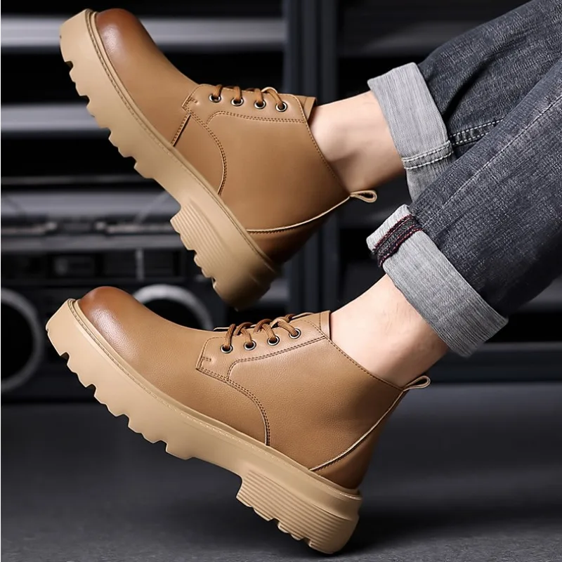 Botas de moto con plataforma de cuero de vaca a la moda para hombre, zapatos de suela blanda para otoño e invierno, botines informales Retro de diseñador para hombre