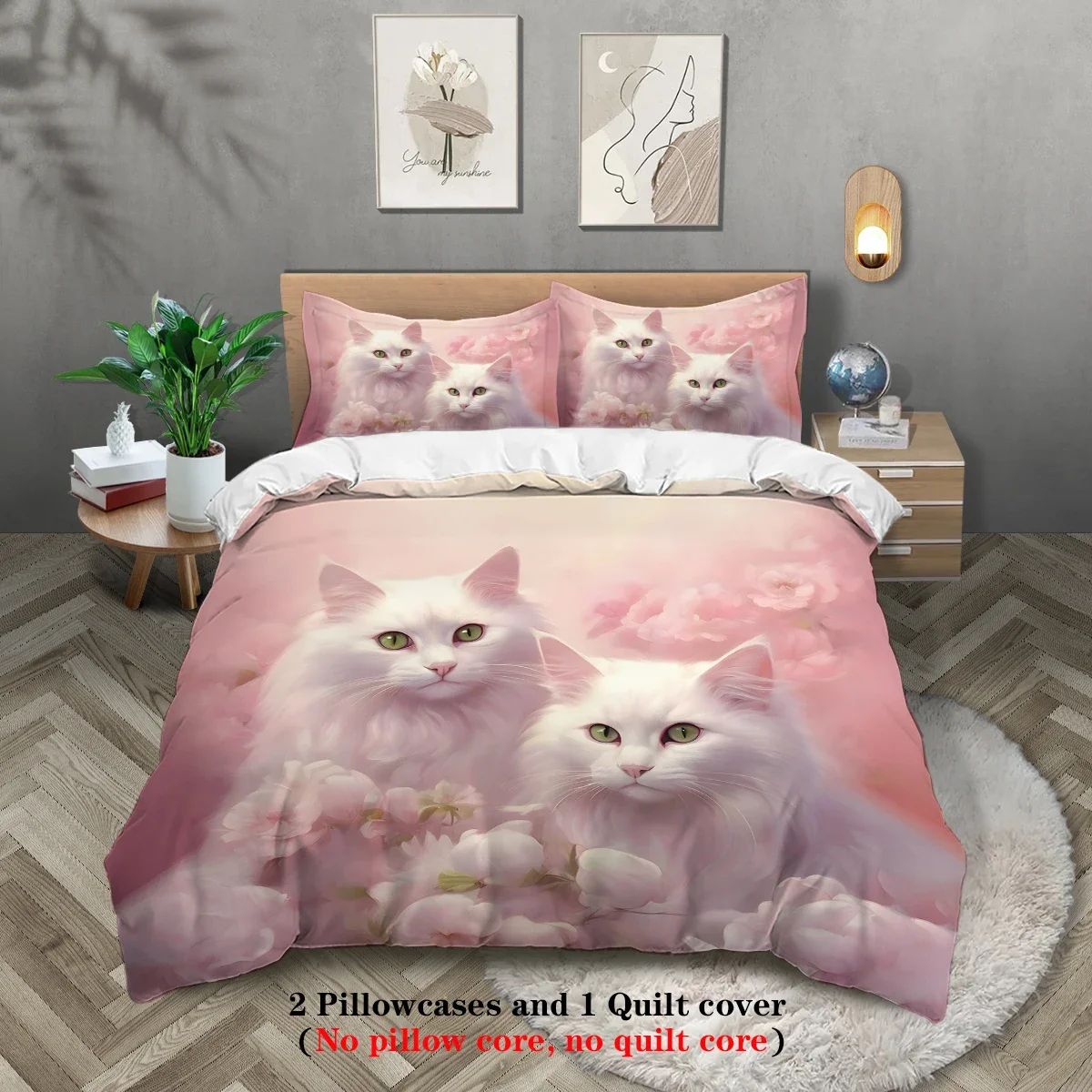 3-piece set of cute white cat pattern print (1 duvet cover+2 pillowcases, no core) comfortable bedding set