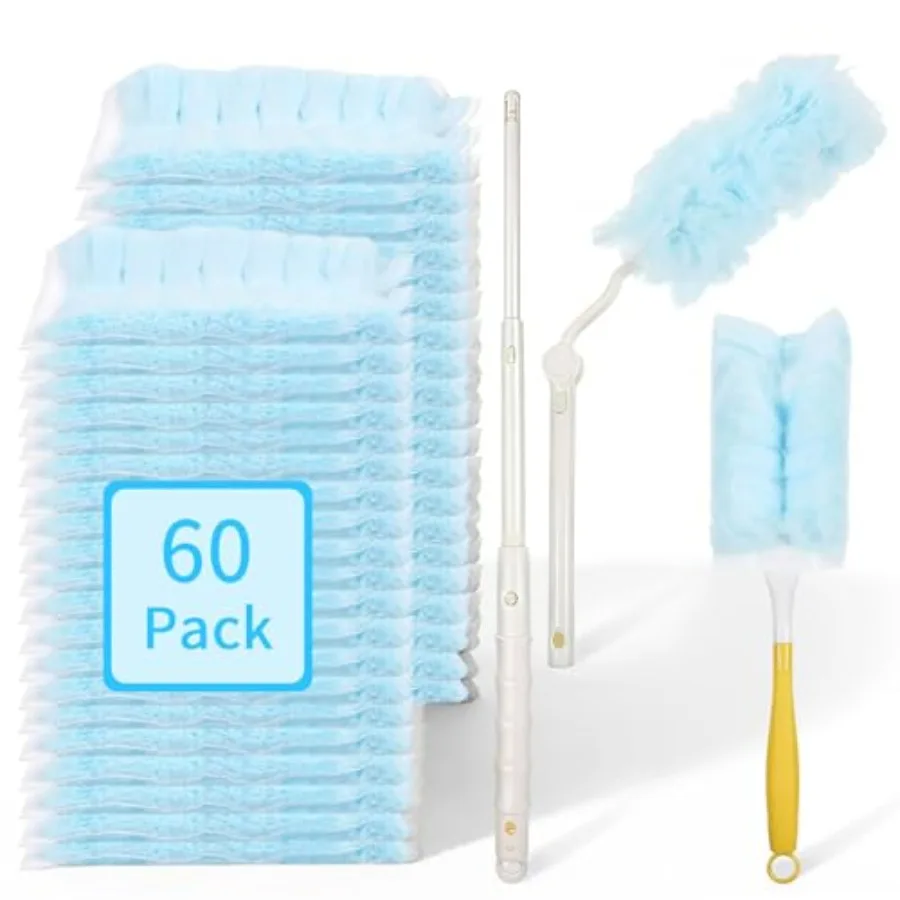 

60 Count 360° Duster Refills, Disposable Heavy Duty Duster Refills Kit with 2 Handles, Microfiber Duster Feather Duster Electro