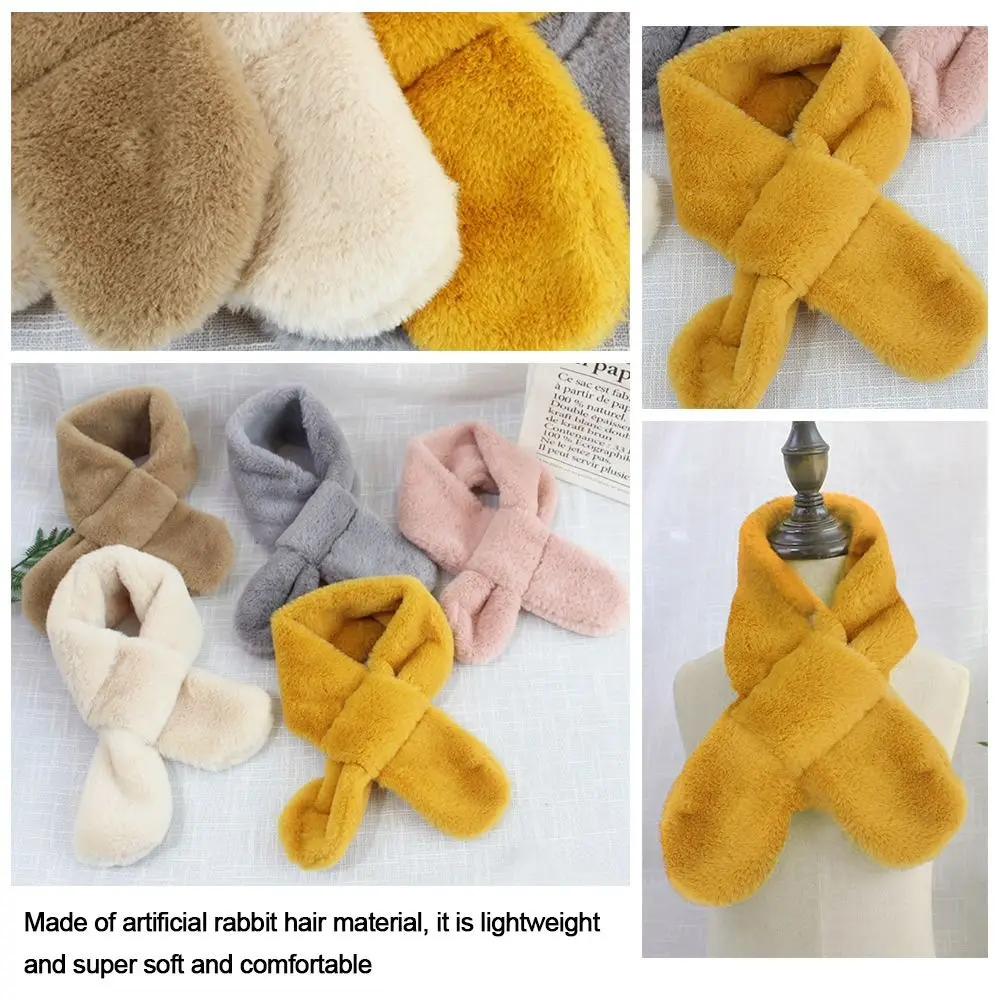 Solid Color Faux Rabbit Scarfs Children Boys Girls Winter Warm Thicken Cross Collar Scarf Fur Plush Cute Shawl Scarfs