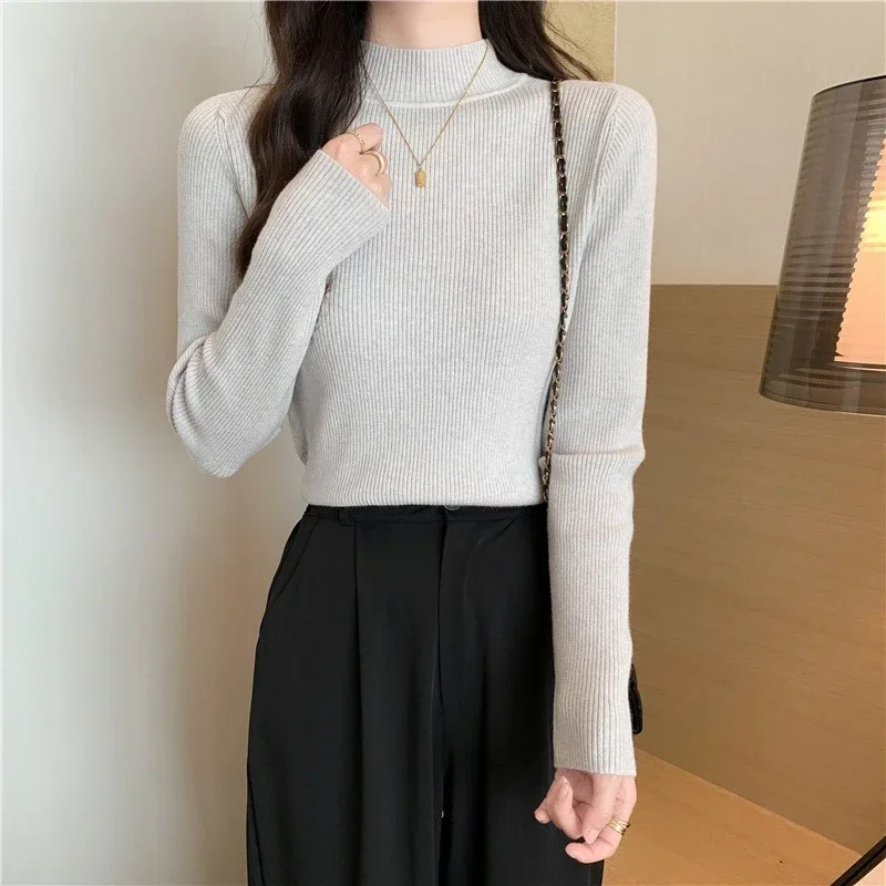 Knit Tops Knitwear Women Knitted Bottoming Shirts Autumn Winter Female Elastic Casual Skinny Slim Mock Neck Pullover Sweaters