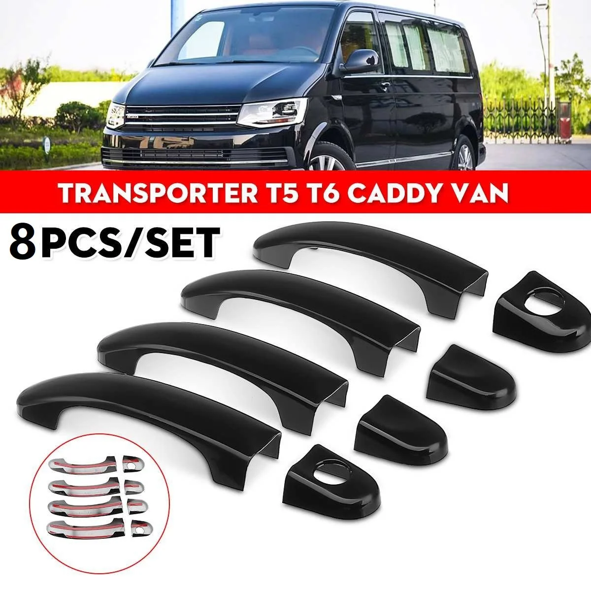 

8Pcs Set ABS Chrome Door Handle Covers Trim for TRANSPORTER T5 T6 CADDY VAN 2003-2015 Gloss Black—L48A