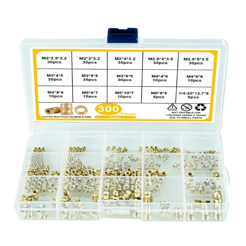 300 Pcs 2/2.5/3/4/5/6mm Female Thread Knurled Brass Threaded Insert Embedment for 3D Printing Components