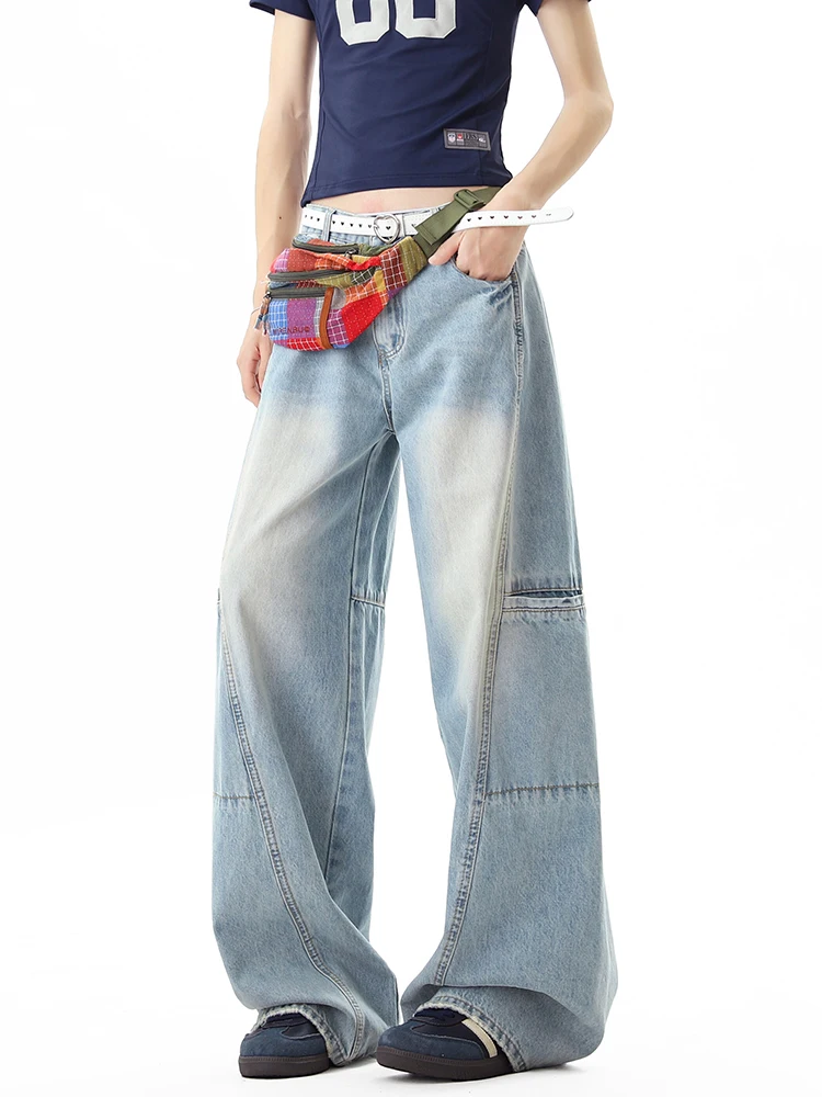 

Retro American Waed Denim Jeans Men's Loose Wide Leg Long Pants Multi-ket Workwear Trousers Youth Faion Straight Cut