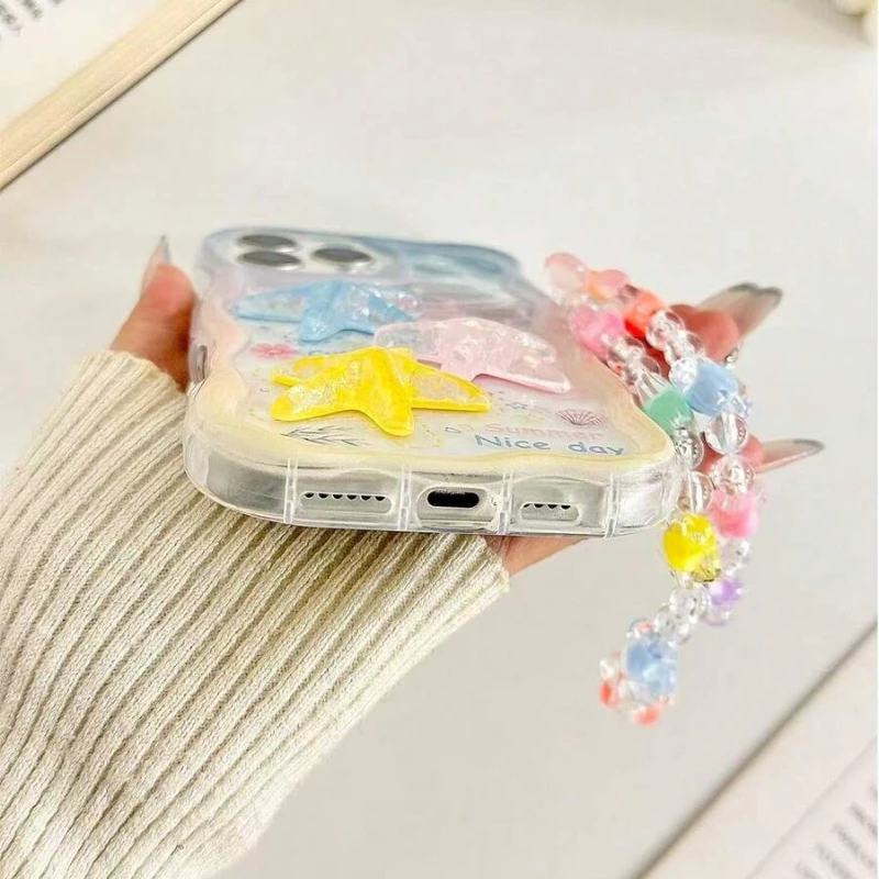 Cartoon Starfish Shell Transparent Wavy-edge Phone Case For iPhone 17 16 15 14 Plus 13 12 11 Pro Max 16E 17E With Lanyard Cover view 2