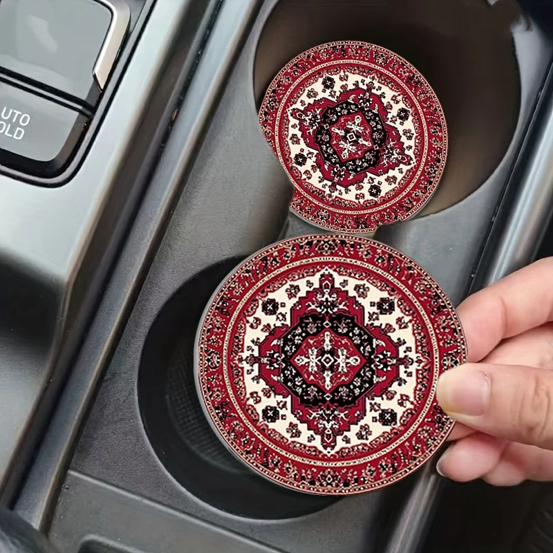 4/2 Piece Set 2D Flat Print Red Pattern Car Cup Mat Round Coffee Cup Mat Tea Cup Mat Heat Insulation Mat Non-Slip Tea Table Mat Christmas Gift