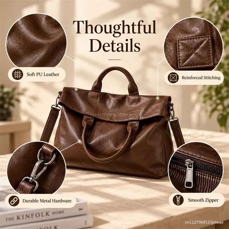 Men's Soft PU Leather Tote Bag Large Capacity Crossbody Shoulder Handbag Casual Commuter Work Travel Messenger Bag