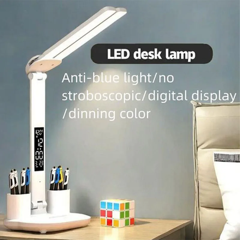 Dimmable Desk Lamp 2 Heads 180 Degree Rotation Foldable Desktop Reading Night Light Eye Protection USB Rechargeable LED Clock