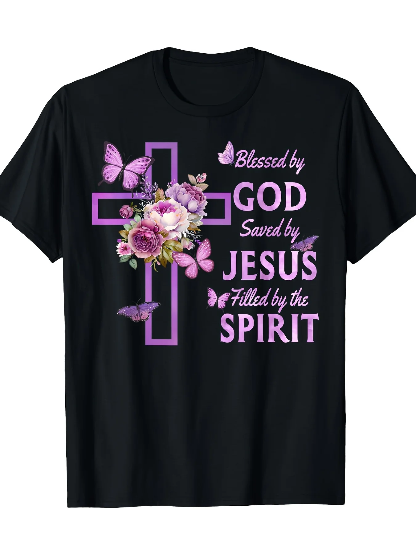 

Blessed by God Saved by Jesus Purple Floral Cross Christian 100% Cotton T-Shirt - Lightweight Summer Casual Tee