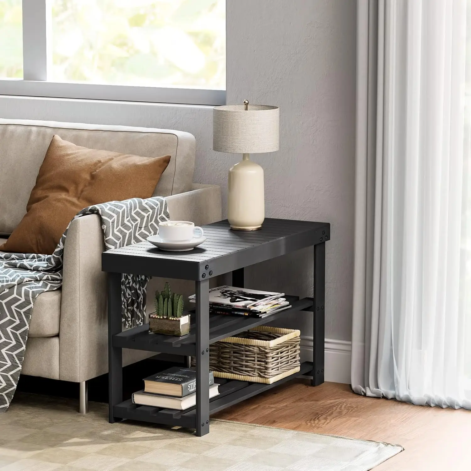 

3-Tier Bamboo Shoe Rack Bench, Entryway Storage Organizer Stand for Front Door Bedroom Living Room Black