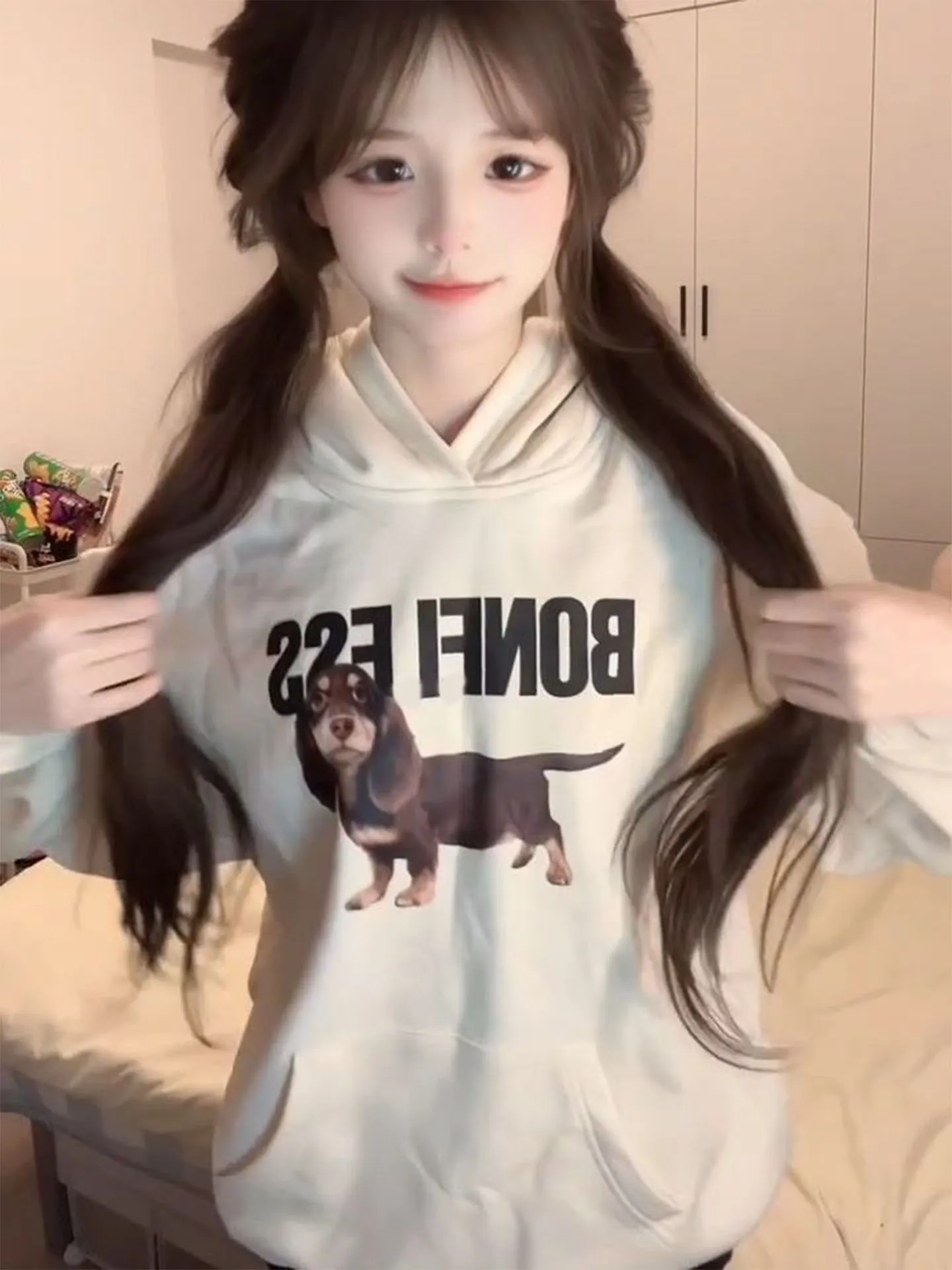 Loose Women's Hoodie Sweatirt Autumn Winter Sausage Dog Letter Print Light Tawny Color Hooded Jaet Casual Versatile Top