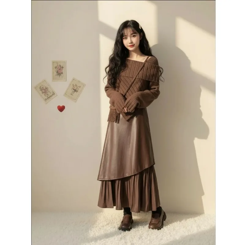 Damski jesienno-zimowy dopasowany sweter z patchworkiem i spódnica ze skóry PU, dwuczęściowy zestaw, elegancki koreański komplet z dzianinowymi topami i spódnicą, stylizacje 2026