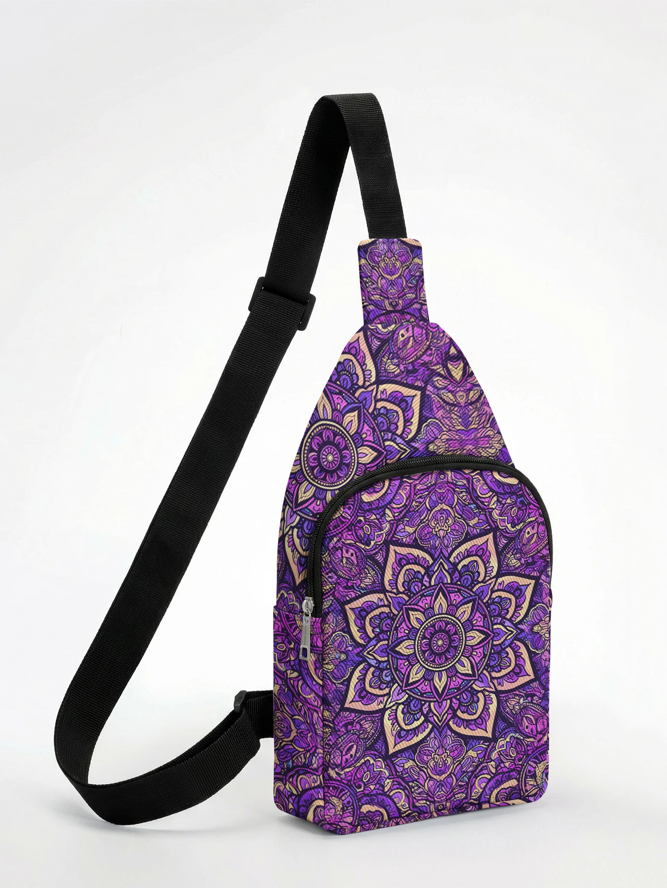 Purple Mandala Floral Print Sling Bag Adjustable Strap Chest Crossbody Bag For Travel Sports Daily Outing