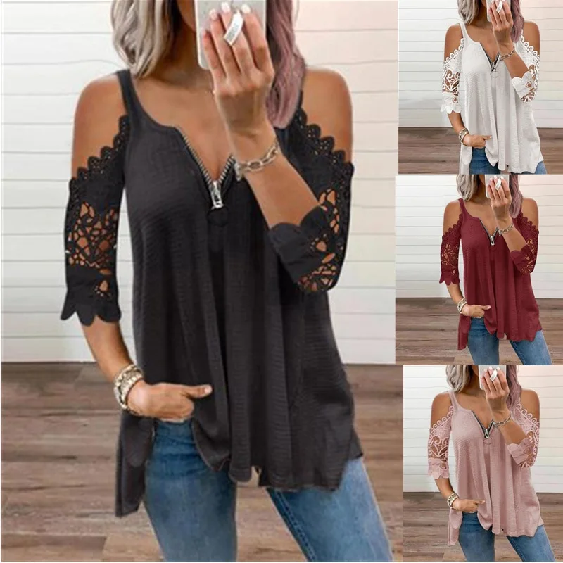 

New Summer 2025 Women's Suspender T-shirt Hollow Lace Sleeves Fashion Sexy Off-shoulder Top Solid Color Zipper V-neck Tees