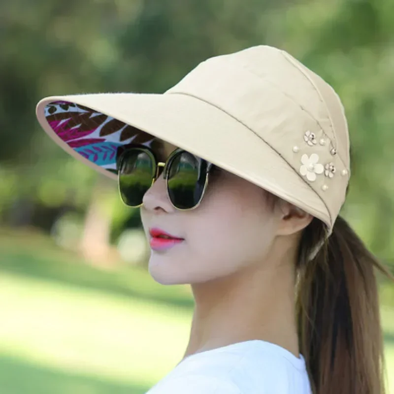 Summer Hats for Women Foldable Sun Hat Pearl Flower Visor Suncreen Floppy Cap Female Outdoor Casual Baseball Cap Hat for Woman