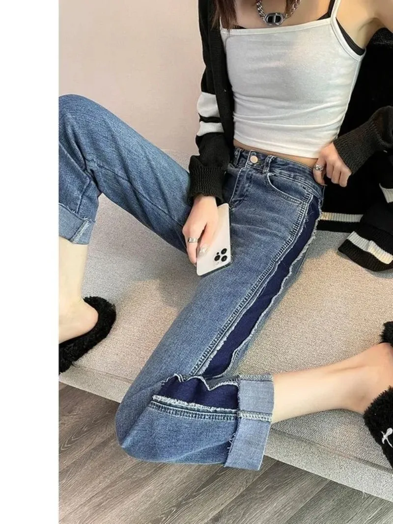 GAODINGLAN Side Contrast Color Women Jeans High Waist Loose Wide Leg Cropped Pants Streetwear Baggy Blue Denim Trousers Ladies