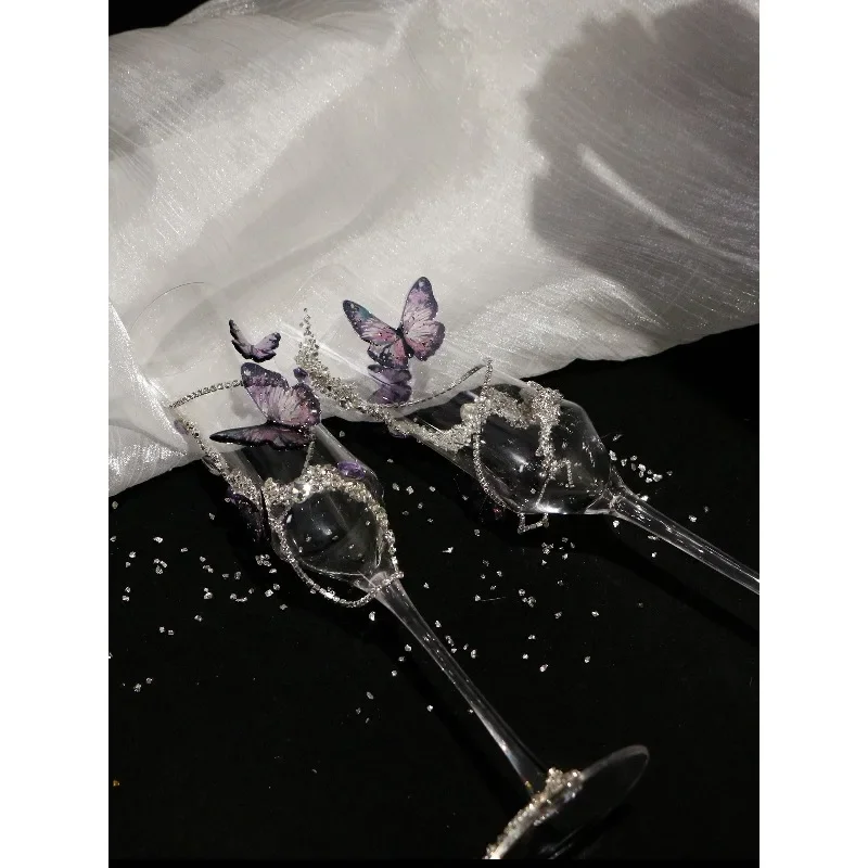 Purple champagne glass, Epoxy butterfly diamond goblet, handmade toasting cup DIY material bag, engagement and wedding gift.
