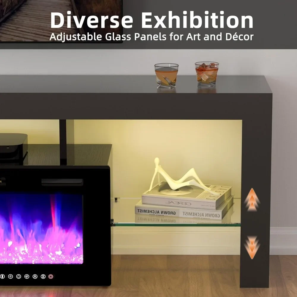 Modern 70" TV Fireplace Stand with 12-Color LED Lights & 12-Color Flame, High Gloss Floating Fireplace Entertainment Center