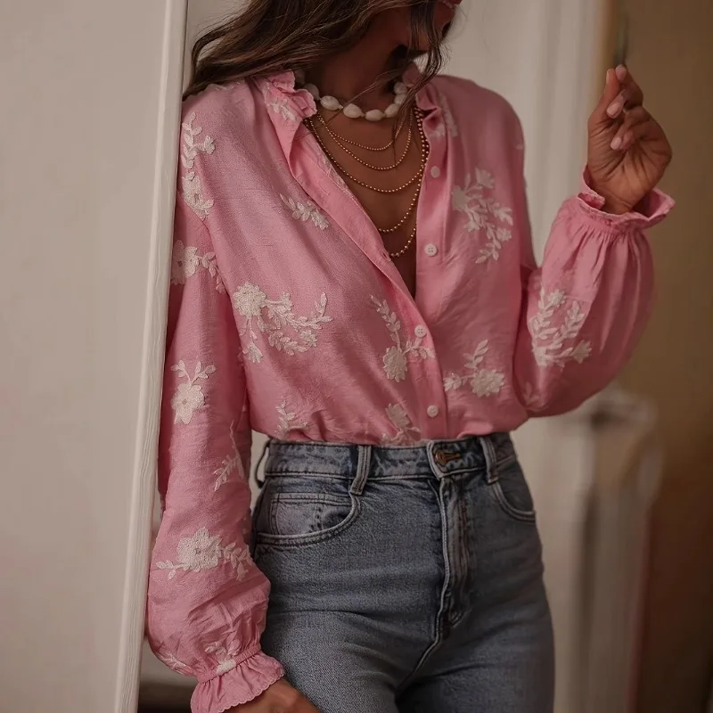 

Women Floral Embroidered Shirts Female Lantern Sleeve Stand Collar Blouses Spring Summer Chic Streetwear Lady Loose Button Tops