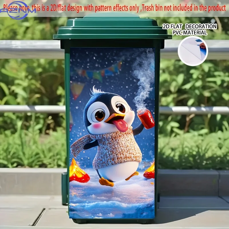 Winter Penguin with Hot Sauce Sticker, 14.57x32.28inch - Self-Adhesive PVC Trash Can Decor for Bins, Walls, Kitchen, Outdoor T