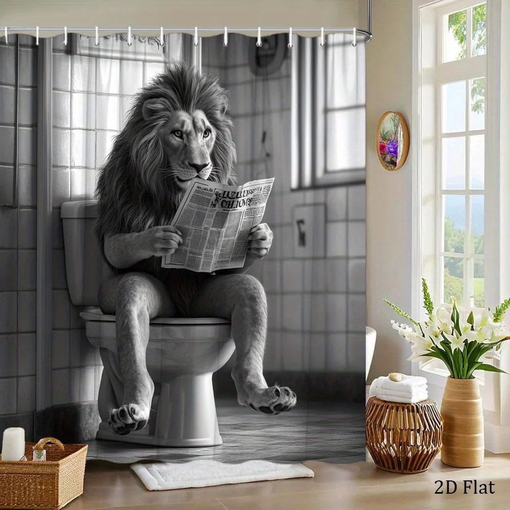 2D Flat, 2D Flat, 1pc Black And White Shower Curtain Featuring a Lion Sitting on a Toilet, Elegant Lion with a Newspaper in a Vi
