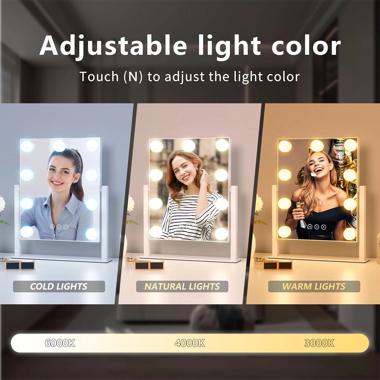 Vanity Mirror with Lights, Makeup Mirror with 3 Color Lighting Modes, Detachable 10X Magnification, Touch Control & 360°Rotation