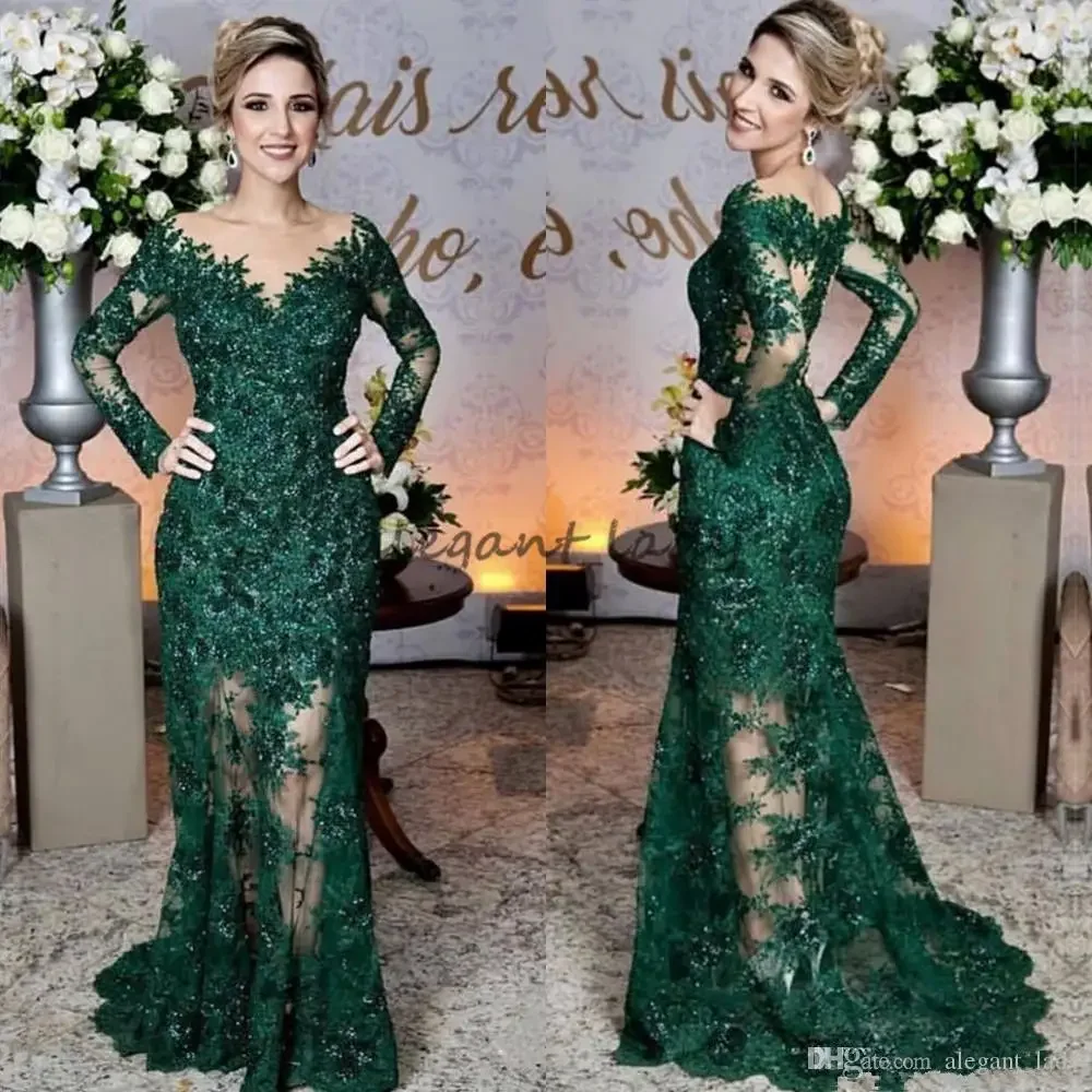 

Customized Green Evening Dresses Lace Appliques Mermaid Formal Prom Dresses Sleeve Prom Gown Arabic graduation Dress