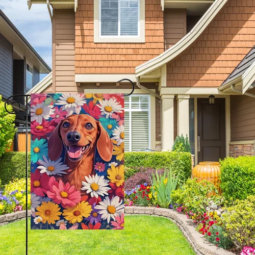 Dachshund Garden Flag Spring Summer Colorful Daisy Garden Flag Dog 12X18 Inch Do OOV IIC