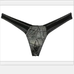 Men Mesh Patchwork Leather Thong Boys Elastic Sexy Luminous Comfortable Breathable Bottom Lingerie Sissy U Convex Pouch G String