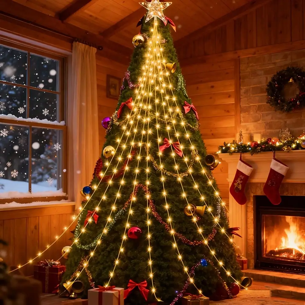 Solar Five-Pointed Star Waterfall Light: 210LED 6.56Ft 8 Modes, Multi/Warm Color Outdoor Xmas Decor