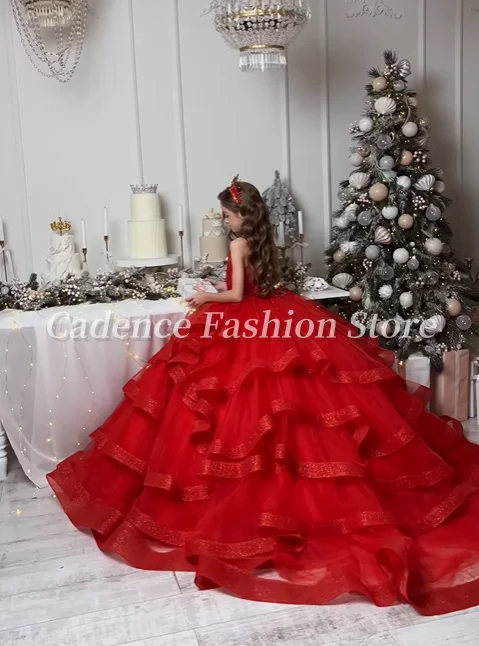 Customized  Gorgeous Red Flower Girl Dresses Princess Dresses Tulle Cascading Ruffle Wedding Birthday Party Dresses