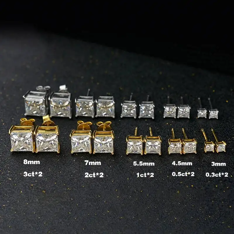 

"Wholesale 925 Silver Princess Square Moissanite Earrings in 3.0mm 4.5mm 5.5mm 7.0mm 8.0mm with Gift Box"