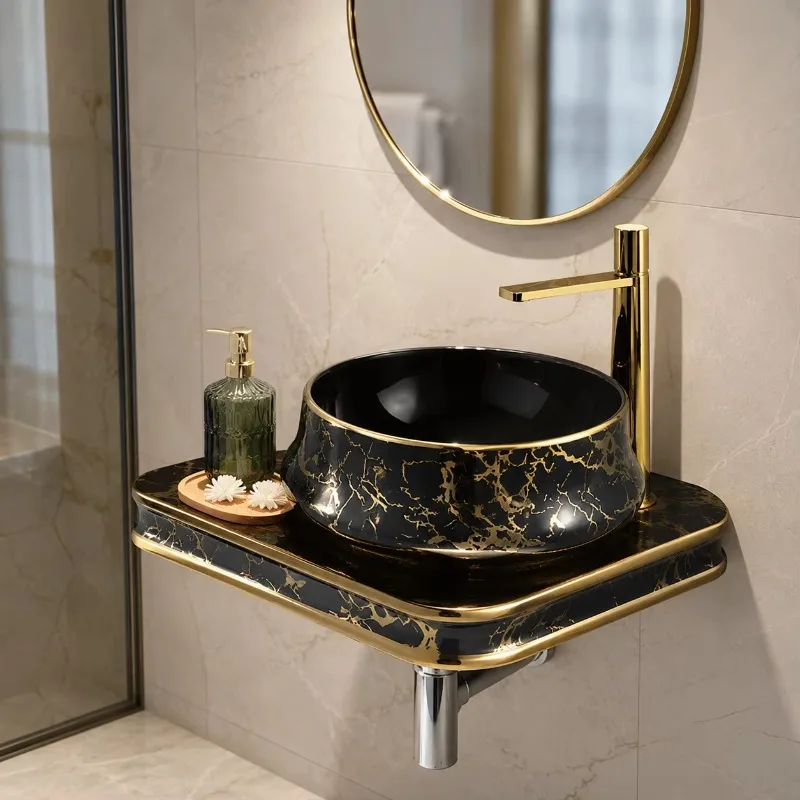 Deluxe black gold ceramic sink art basin set for bathroom sink