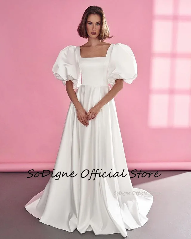 SoDigne A-line Simple Satin Wedding Dresses Square Neck Puffy Sleeves Bridal Dress Long Back Lace Up Bridal Gown Customized