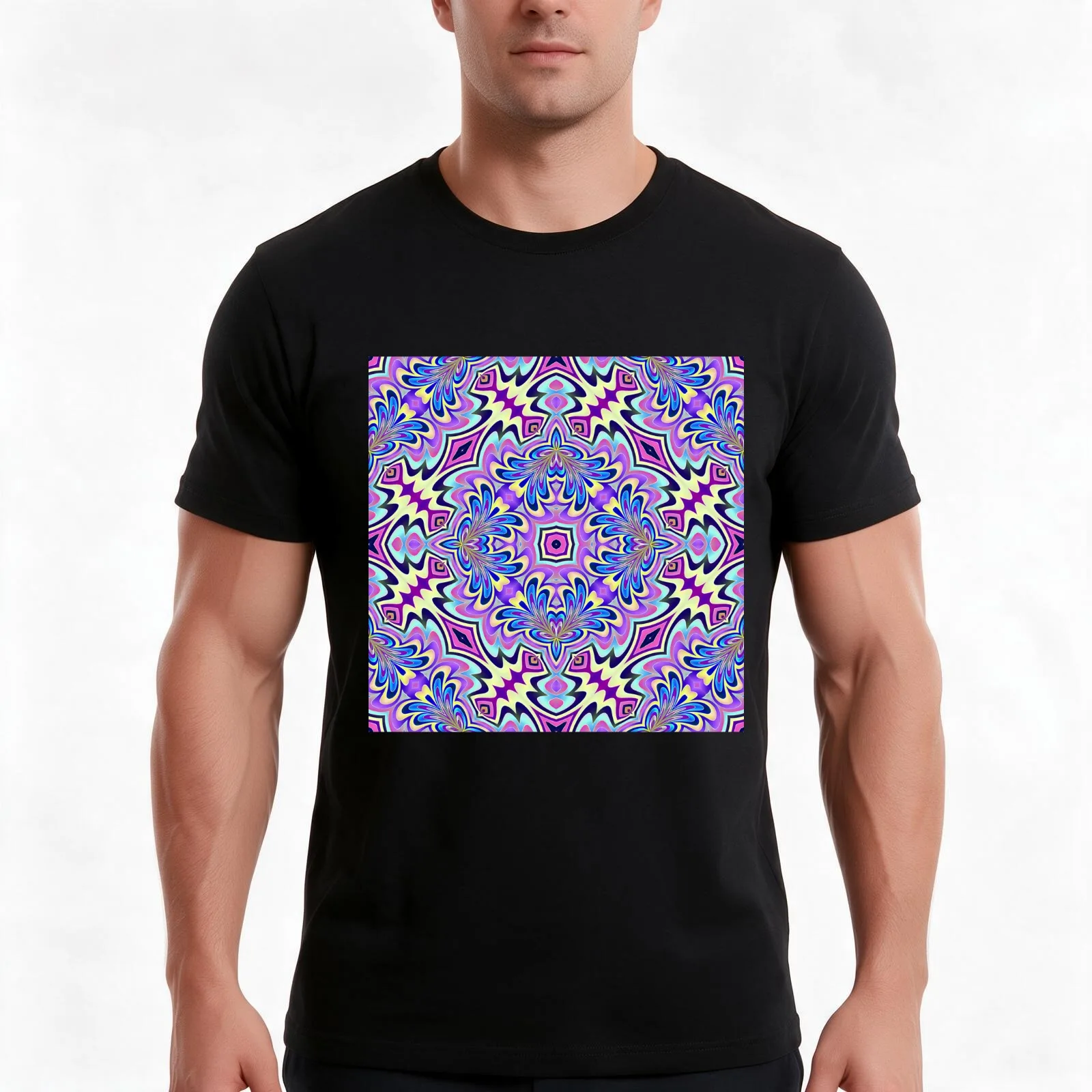 blue purple pink abstract tile T-Shirt, Summer Casual Cotton Tee, Oversized Streetwear Tops, Vintage Graphic Print, 100% Cotton