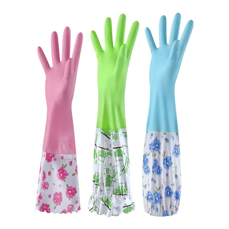 Latex Rubber Dish Washing Gloves Velvet Elastic Cuffs Housework Gloves Long Sleeve Waterproof Winter Cleaning Gloves Kitchen