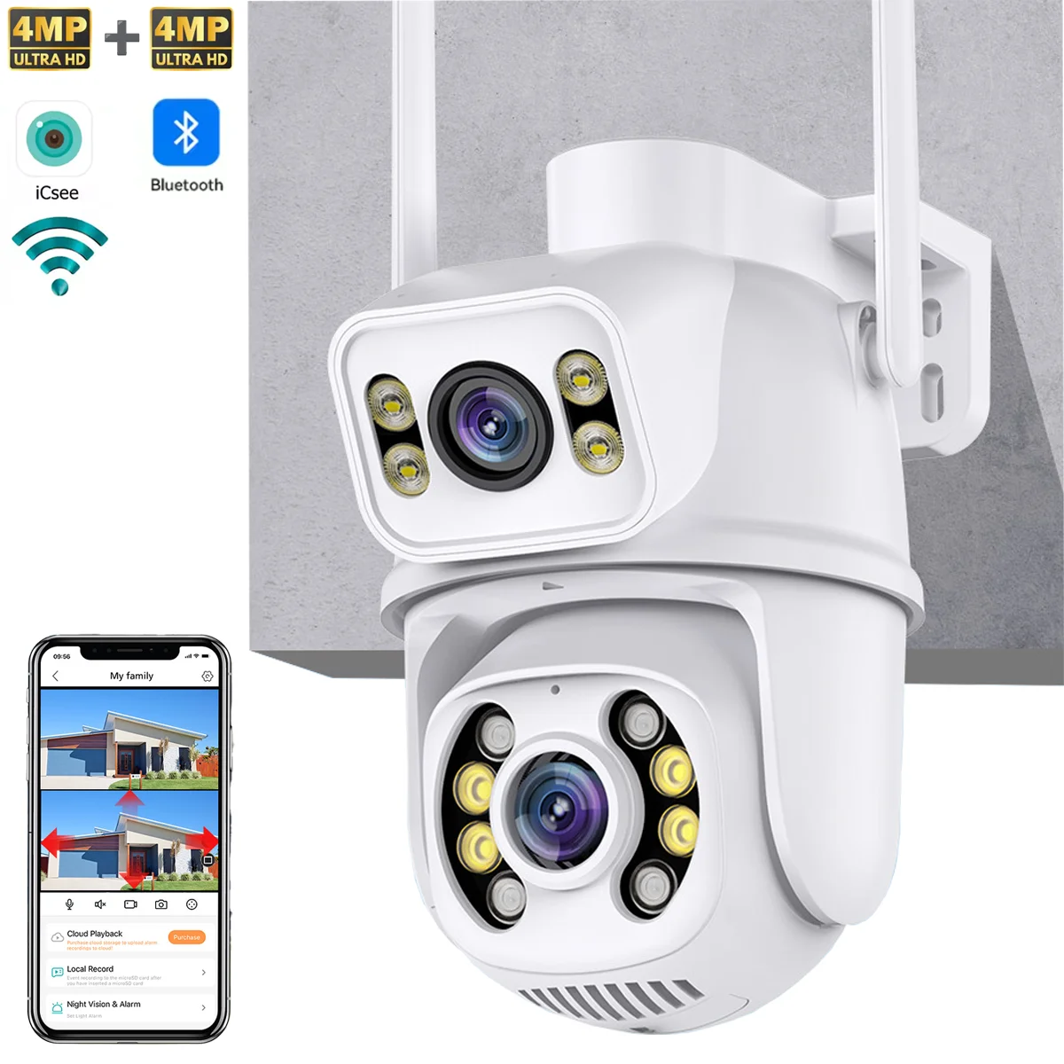 

ICSEE Dual-Lens WiFi Security Camera: 4mm Wide + 12mm Zoom AI Detection Alarm Siren Full-Color Night Vision Preset Cruise IP66