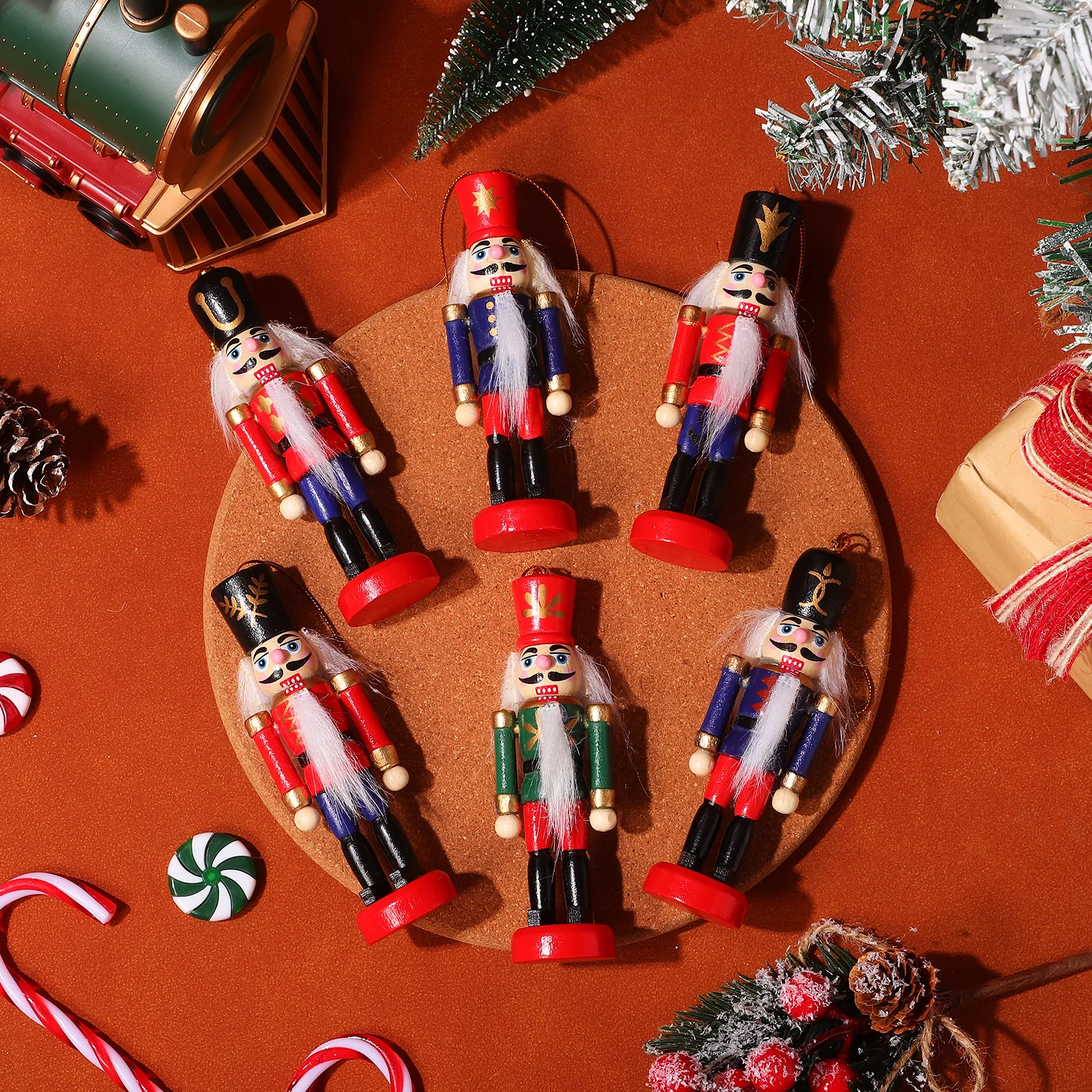 

6pcs Wooden Soldier Figurines Mini Christmas Tree Hanging Ornaments Nutcracker Decor For Holiday Xmas Party Home Coffee Shop