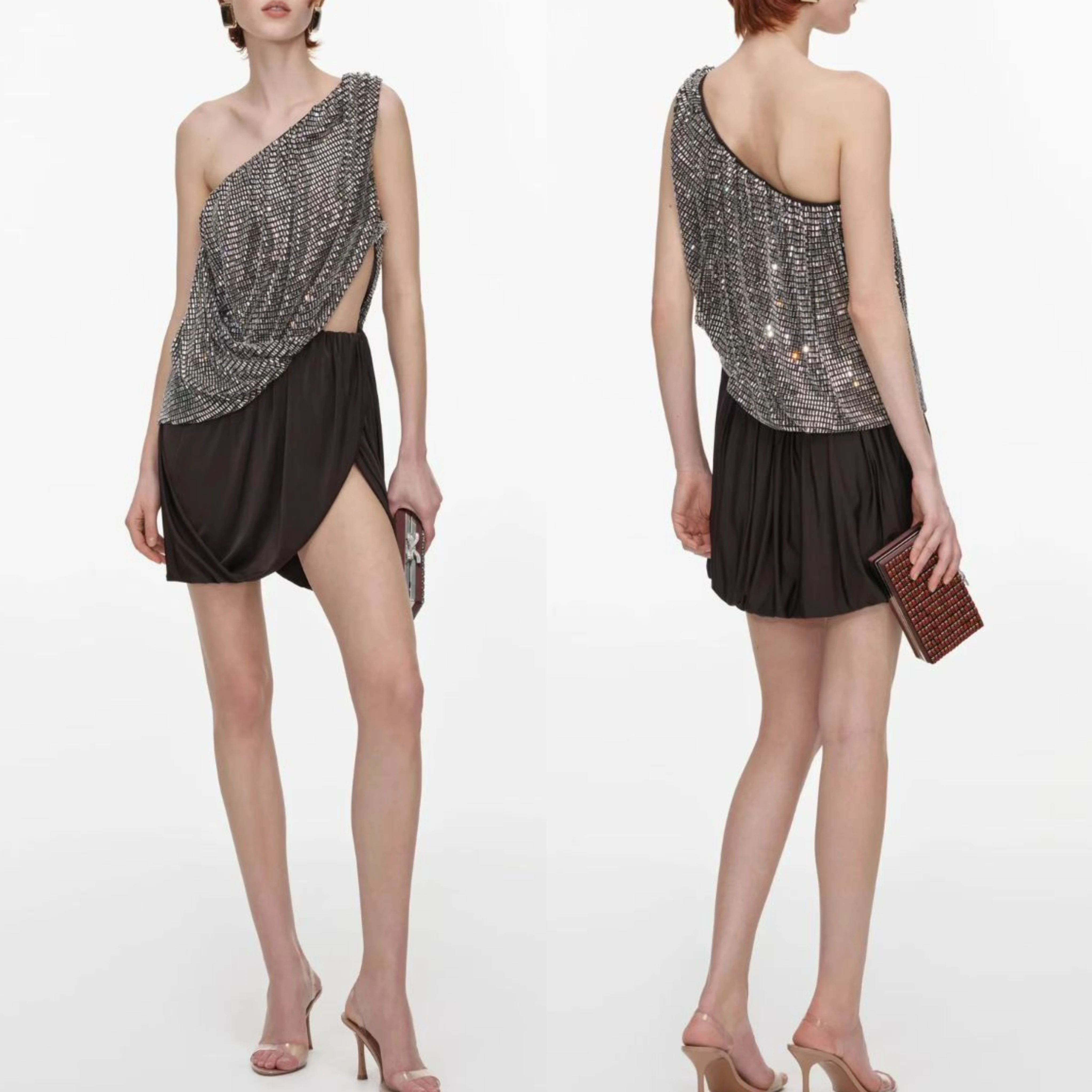 Women One Shoulder Sequin Satin Asymmetric fashion Mini Dress Cutout Waist Wrap Slit Short Evening Party Gown