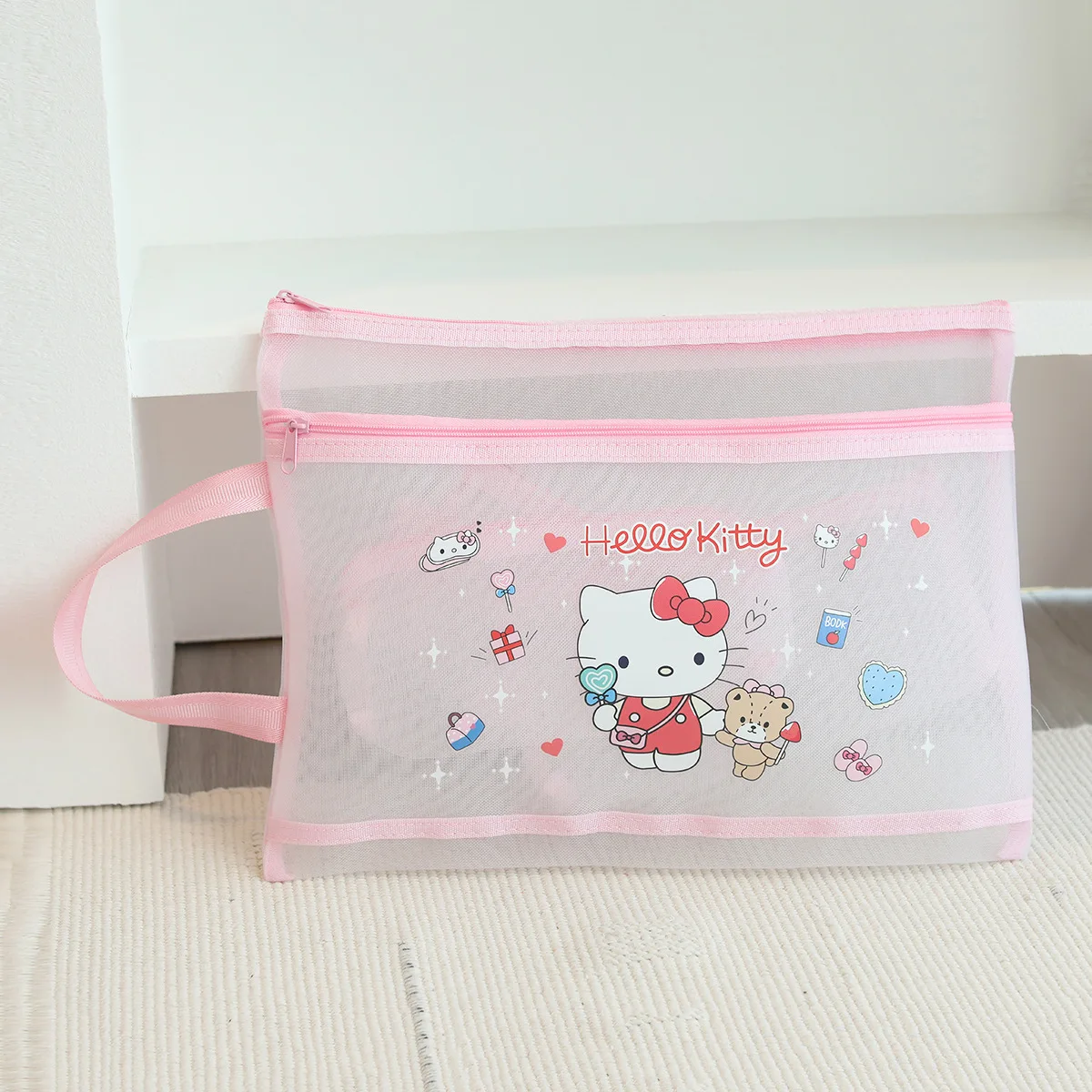

Cartoon Kuromi Mesh Transparent Document Bag A4 Double Layer Data Bag Textbook Classification Bag Hand in Hand Pulling Chain Bag
