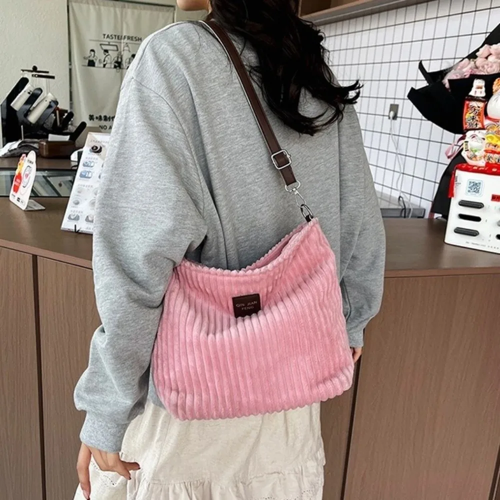 New Corduroy Shoulder Bags Strips Pattern Ajustable Strap Crossbody Bags Large Capacity Solid Color Handbags Casual Use